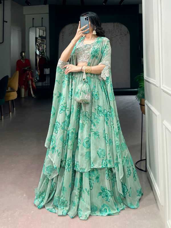 Georgette Embroidered Lehenga in Sea Blue