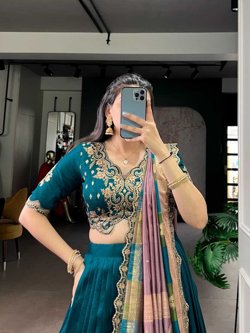 Vichitra Silk Lehenga in Morpich