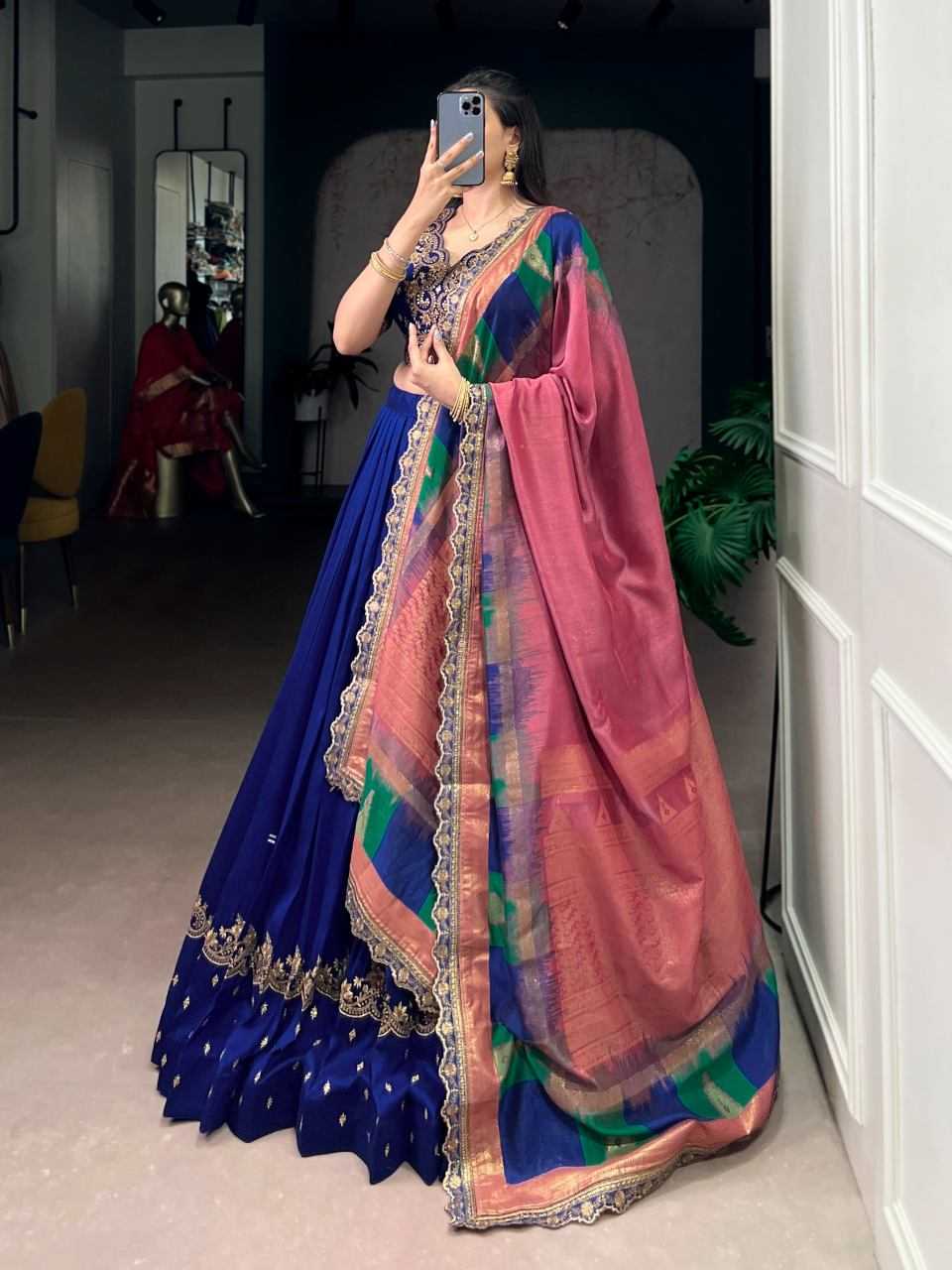 Vichitra Silk Lehenga in Morpich