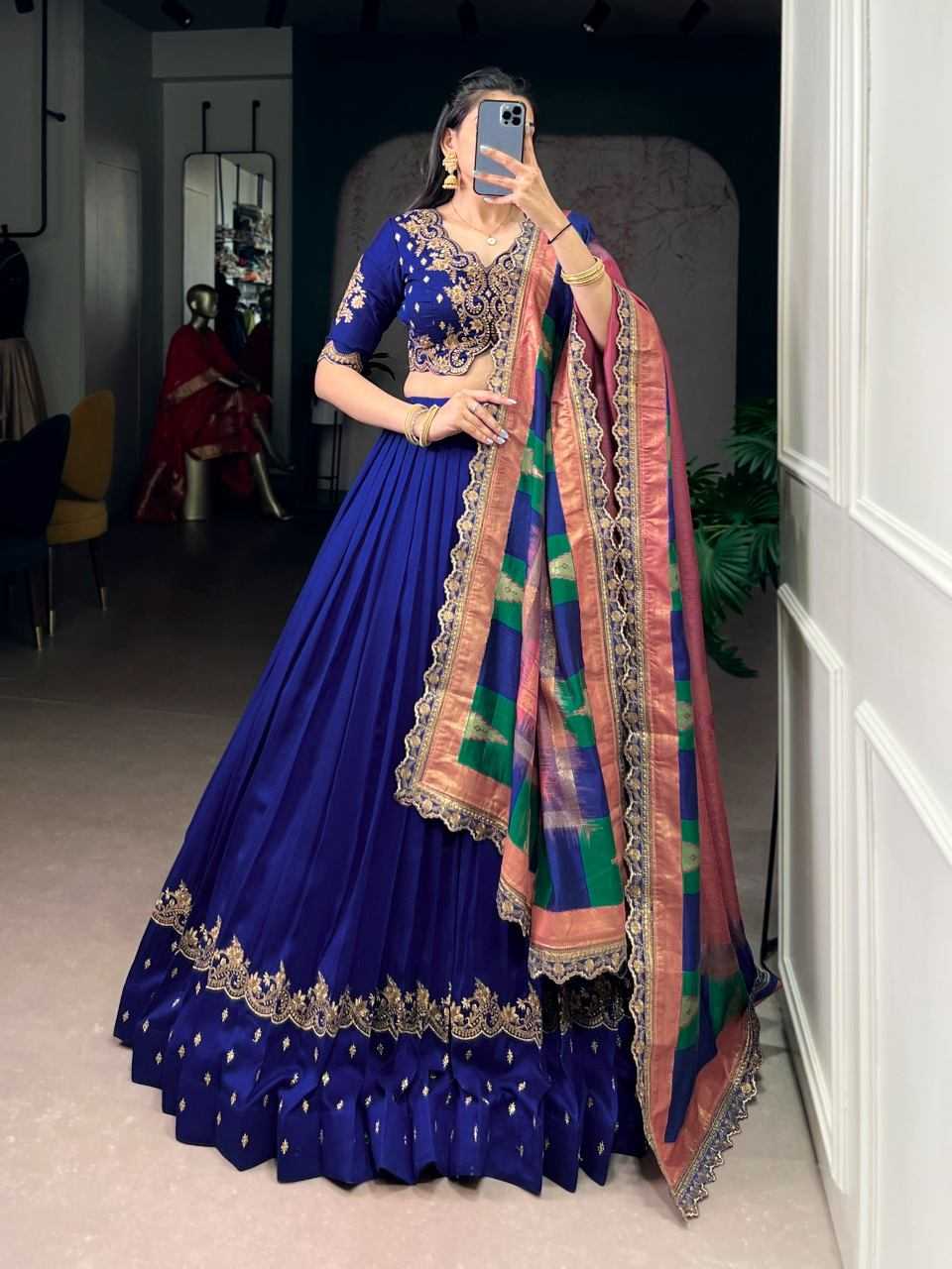 Vichitra Silk Lehenga in Morpich