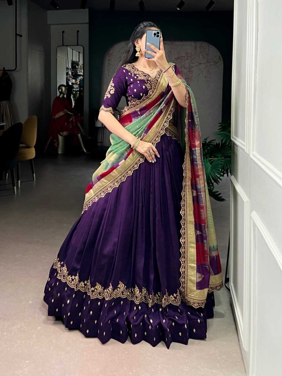 Vichitra Silk Lehenga in Morpich