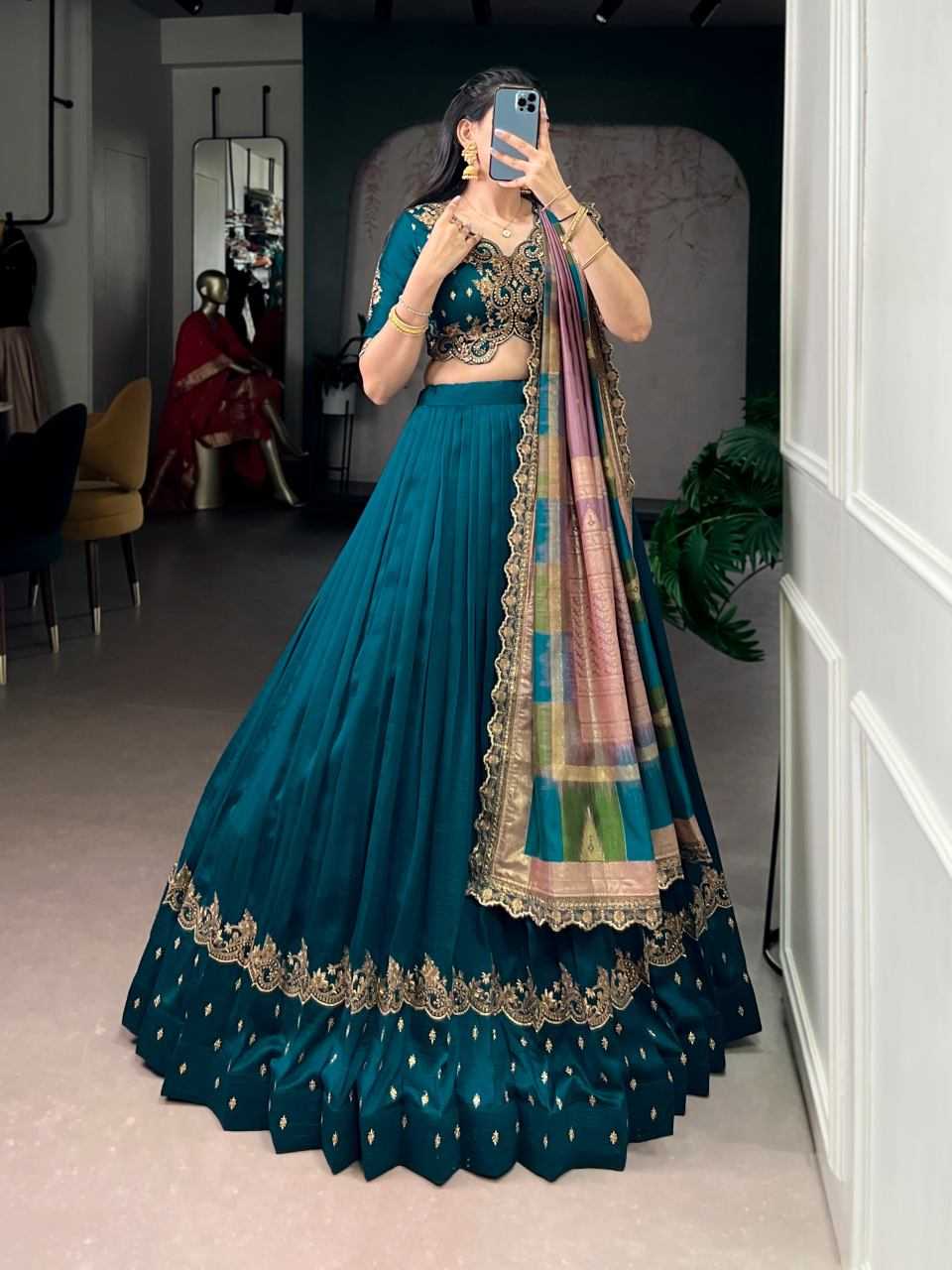 Vichitra Silk Lehenga in Morpich