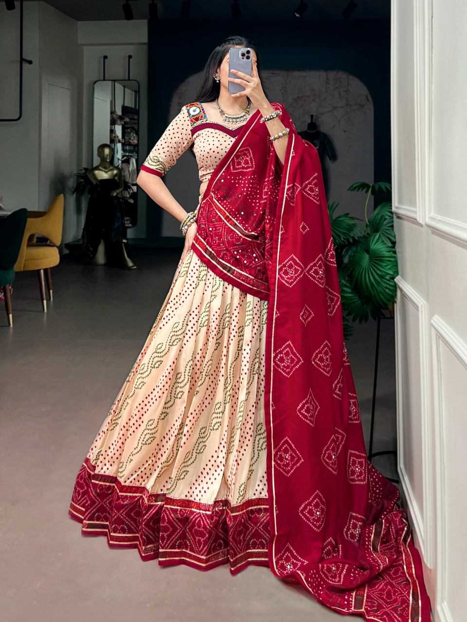 Tussar Silk Traditional Lehenga in Rani