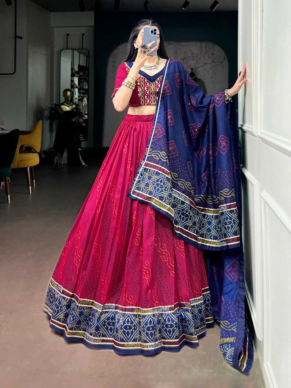 Tussar Silk Traditional Lehenga in Rani