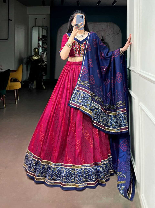 Tussar Silk Traditional Lehenga in Rani