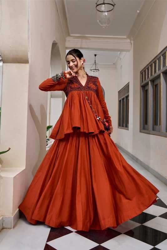 Pure Cotton Traditional Lehenga in Dark Orange
