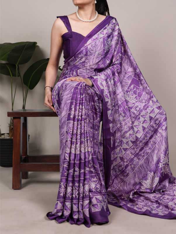 Satin Printed Saree in Purple
