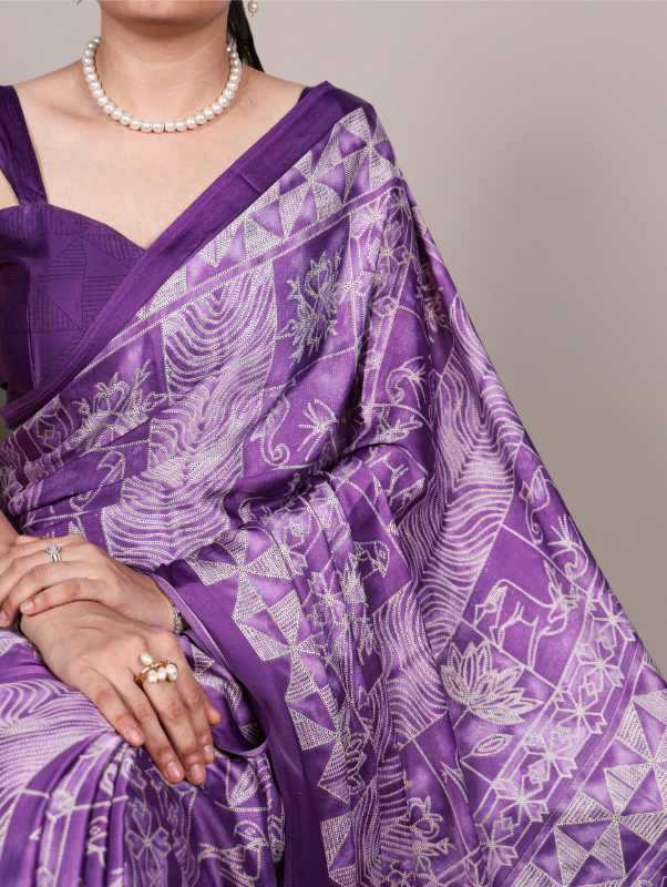 Satin Printed Saree in Purple