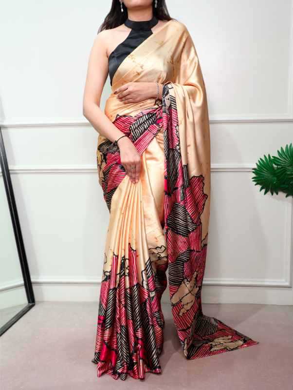 Satin Silk Printed Saree in Beige