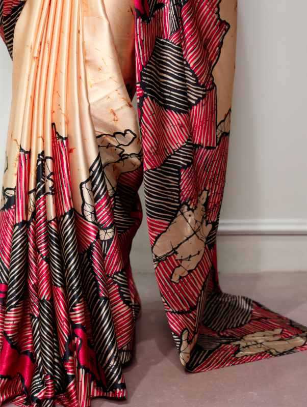 Satin Silk Printed Saree in Beige