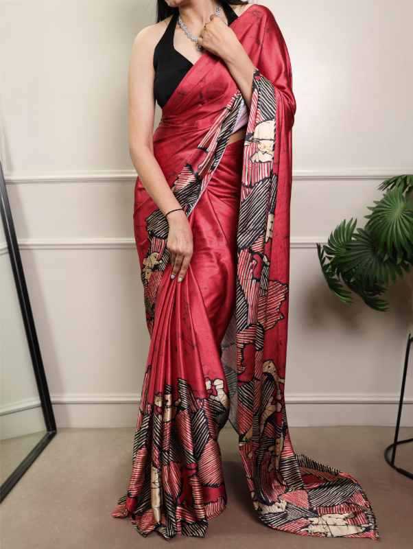 Satin Silk Printed Saree in Beige