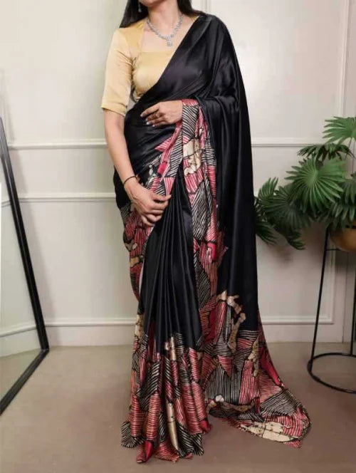 Satin Silk Printed Saree in Beige