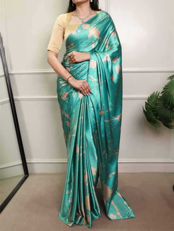 Satin Silk Printed Saree in Beige