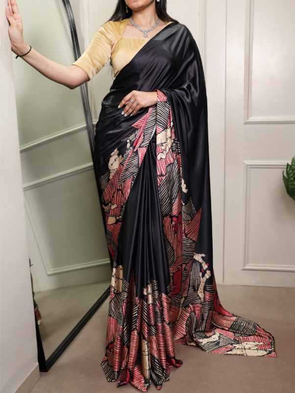Satin Silk Printed Saree in Beige