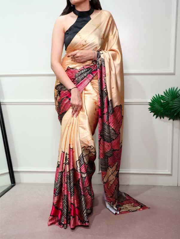 Satin Silk Printed Saree in Beige