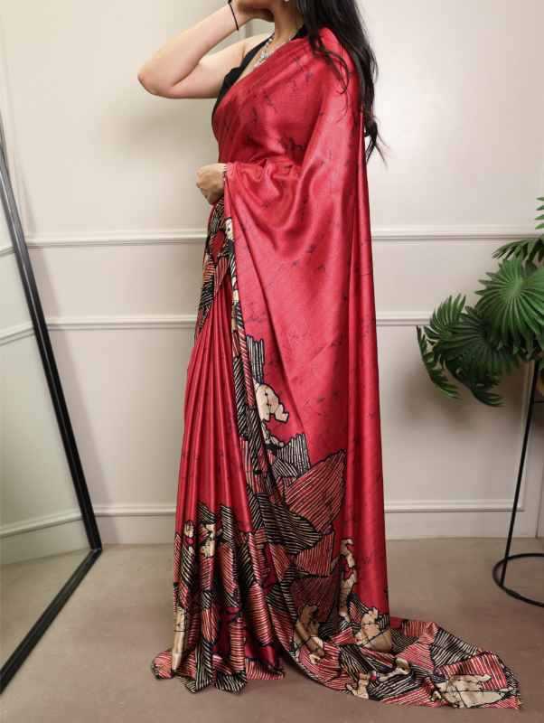 Satin Silk Printed Saree in Beige