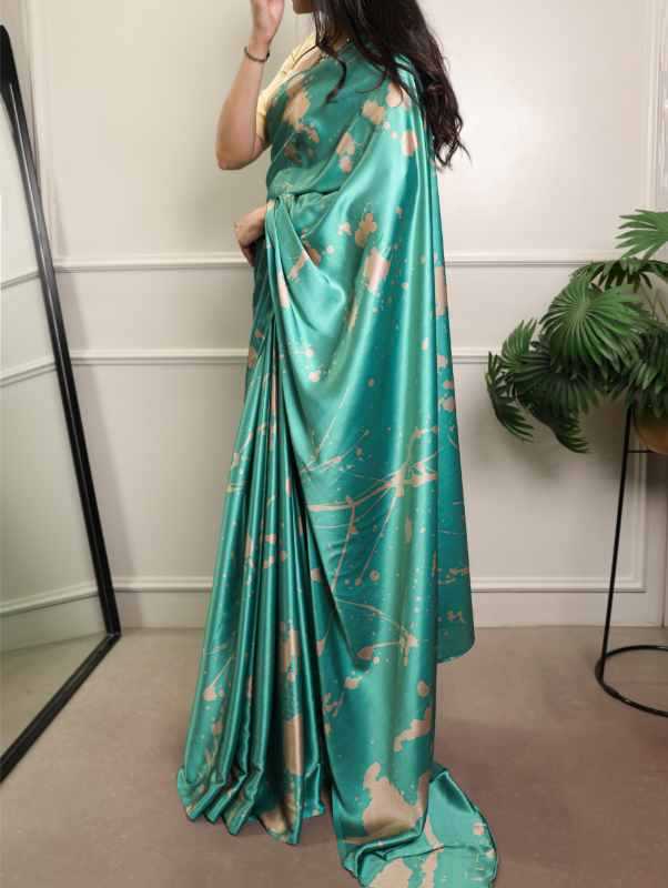 Satin Silk Printed Saree in Beige