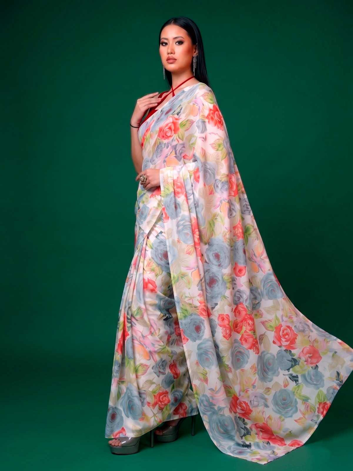 Satin Printed Saree in Yellow