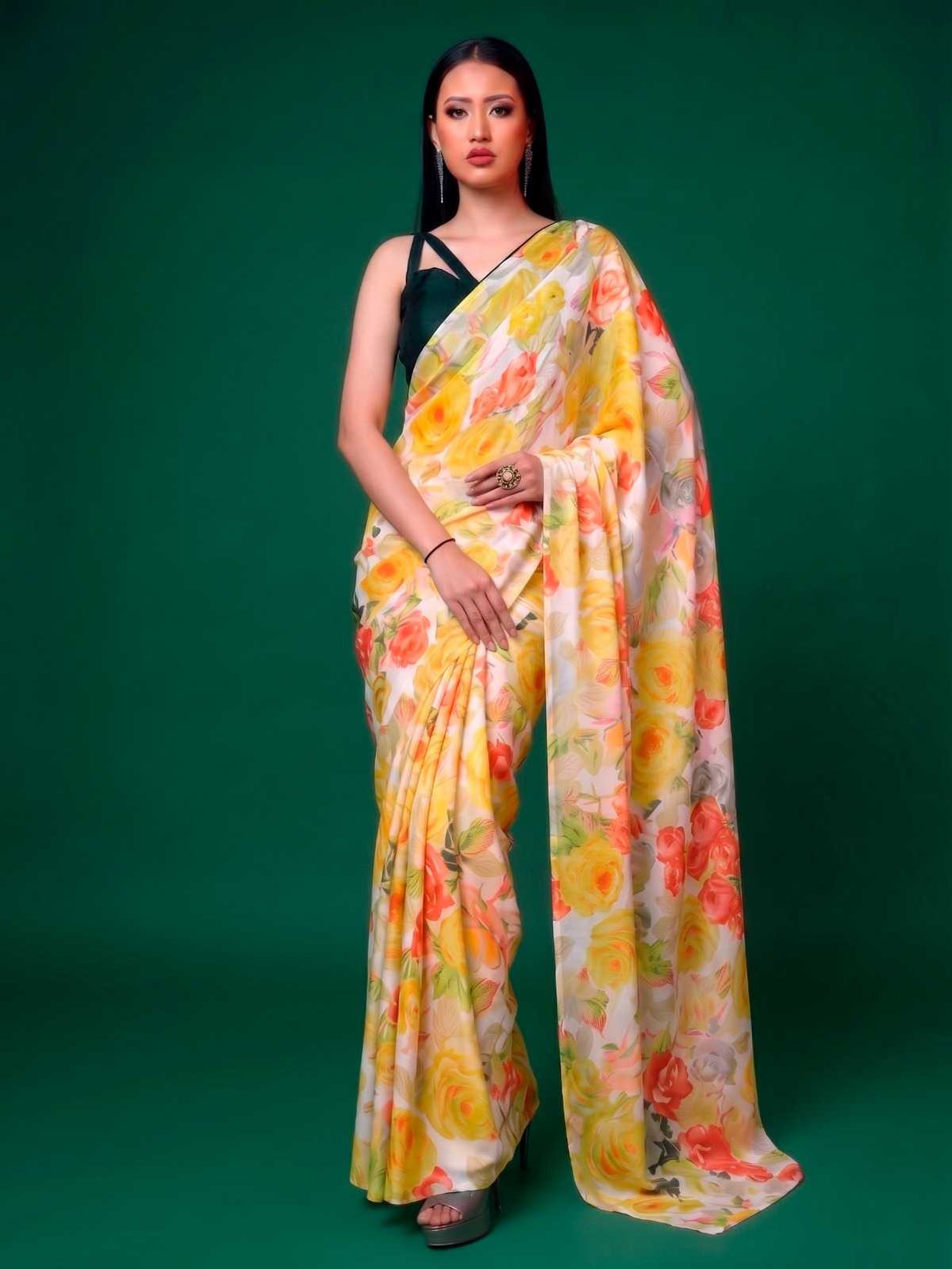 Satin Printed Saree in Yellow