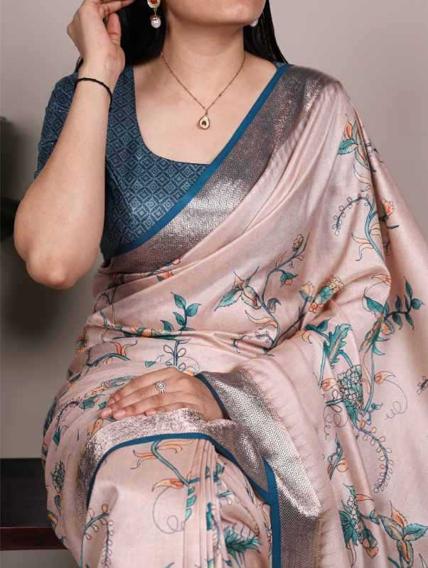 Tussar Silk Printed Saree in Beige