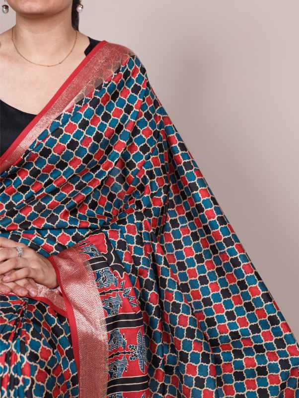 Tussar Silk Printed Saree in Red