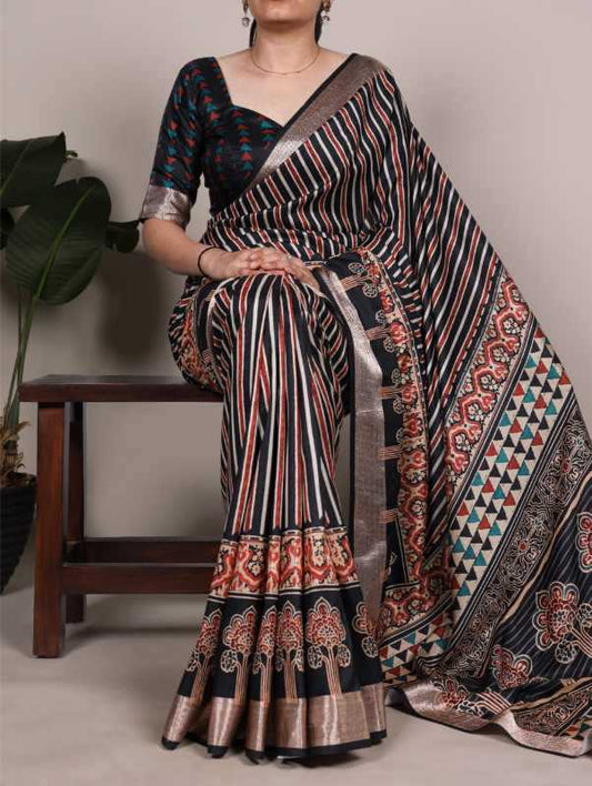 Tussar Silk Printed Saree in Black