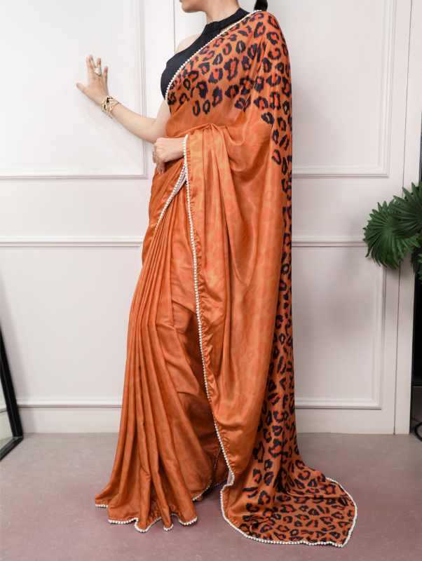 Satin Designer Saree in Orange