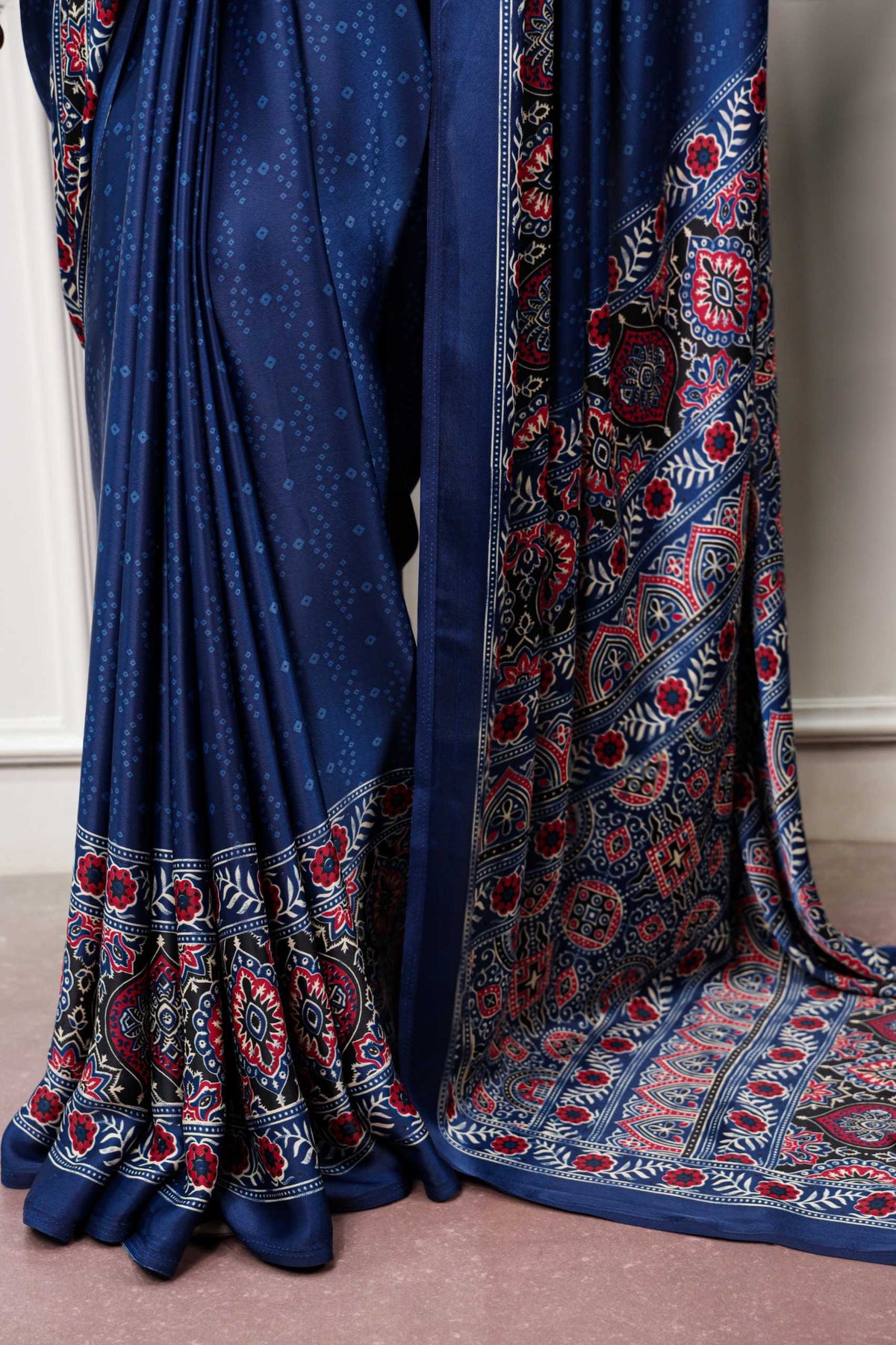 Satin Silk Printed Saree in Blue