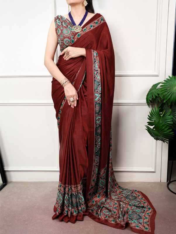 Satin Silk Printed Saree in Red