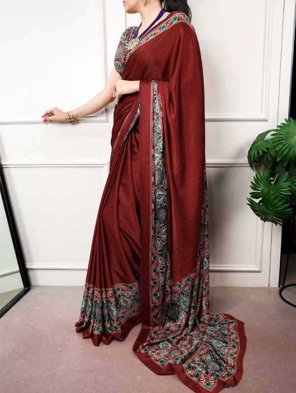 Satin Silk Printed Saree in Red