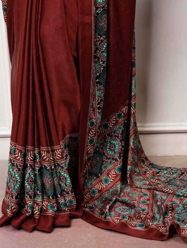 Satin Silk Printed Saree in Red