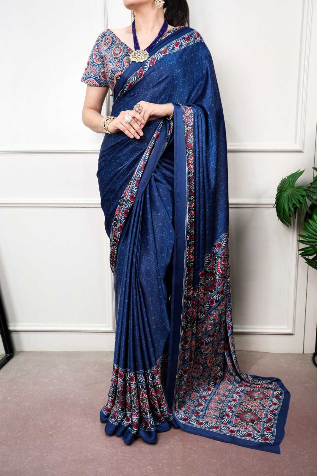 Satin Silk Printed Saree in Blue
