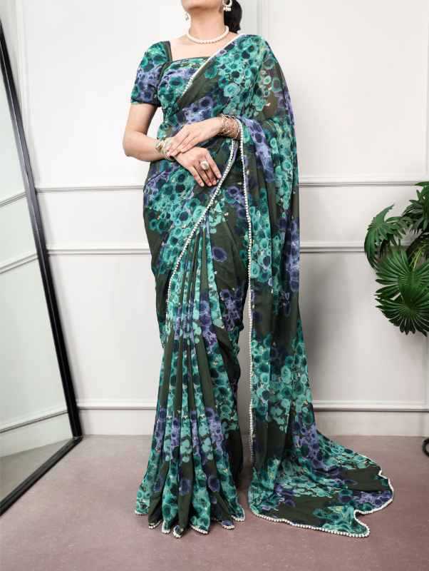 Cotton Printed Saree in Sea Blue
