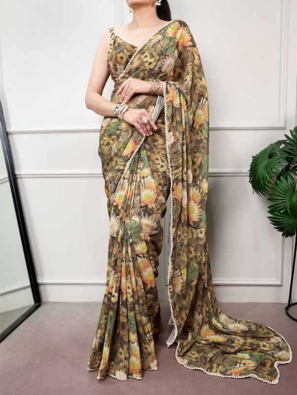 Cotton Printed Saree in Sea Blue