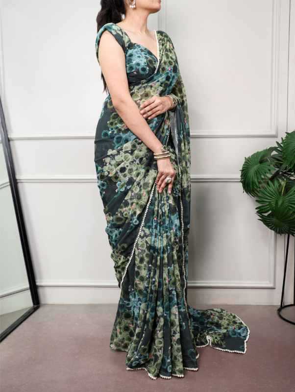 Cotton Printed Saree in Sea Blue