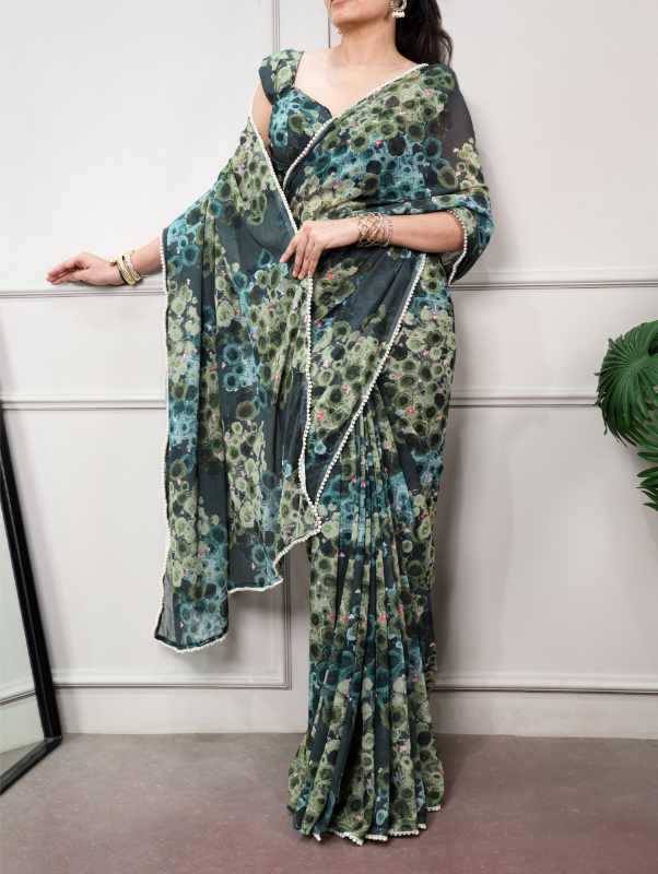 Silk Designer Saree in Bottle Green