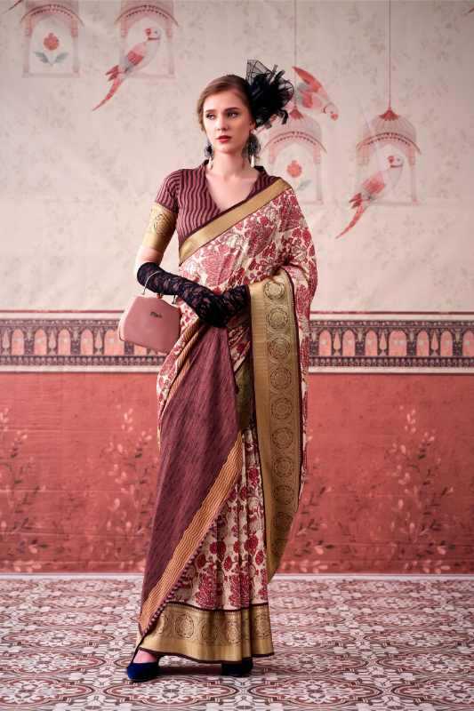 Tussar Silk Printed Saree in Dark Maroon