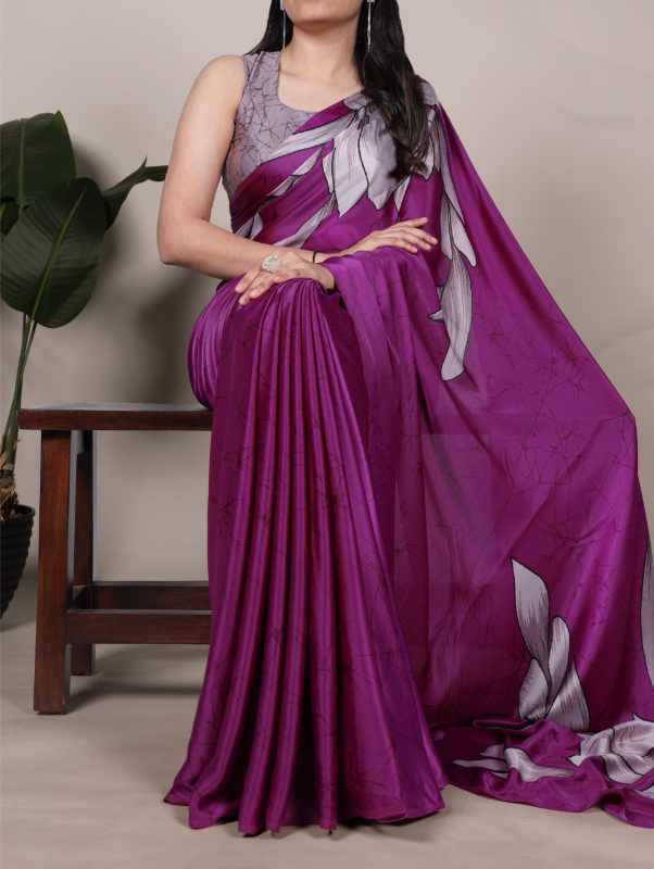 Satin Silk Printed Saree in Purple