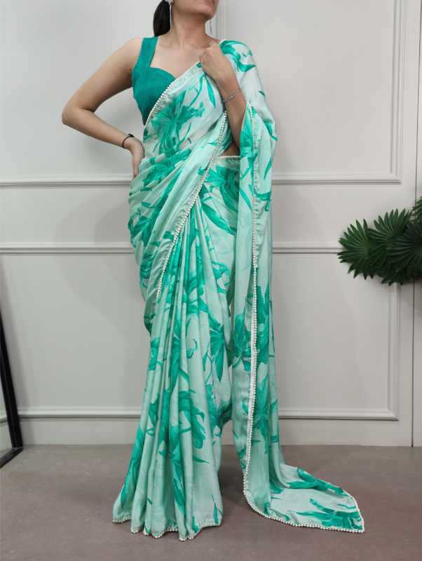 Satin Silk Printed Saree in Green