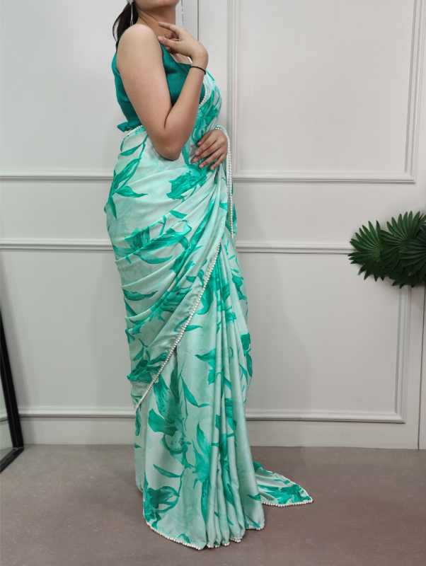 Satin Silk Printed Saree in Green