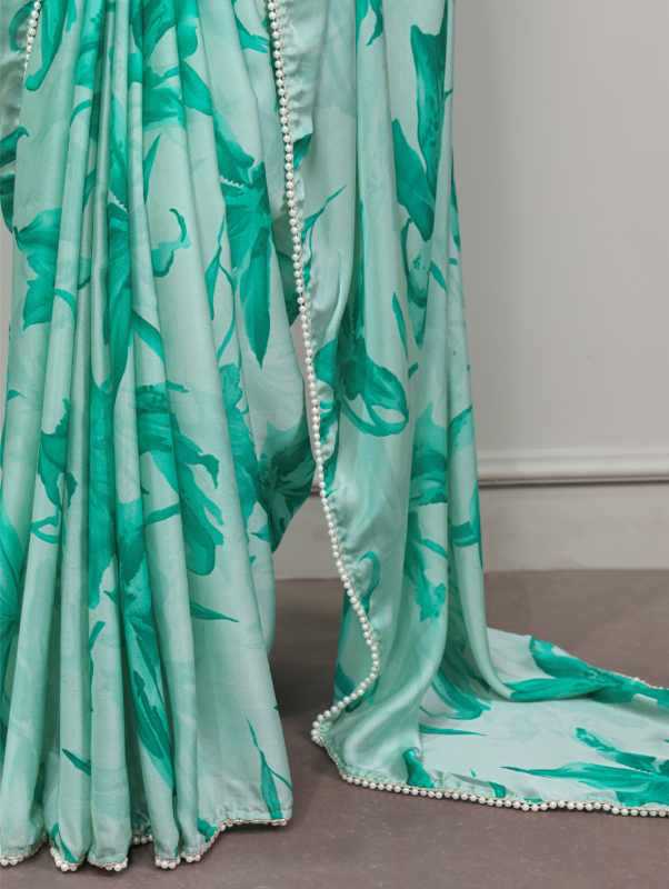 Satin Silk Printed Saree in Green