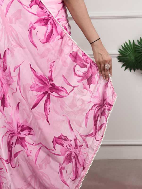 Satin Silk Printed Saree in Green