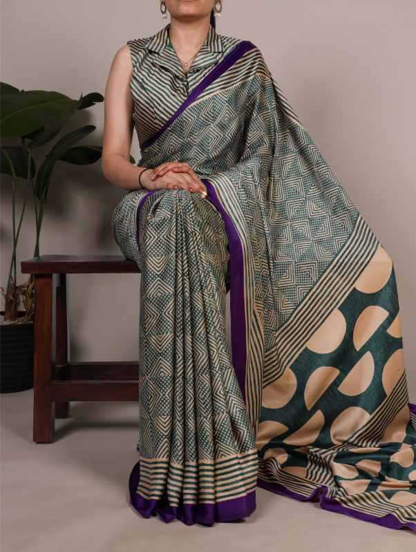 Satin Silk Designer Saree in Bottle Green