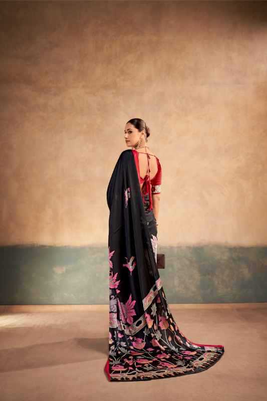 Satin Silk Designer Saree in Black