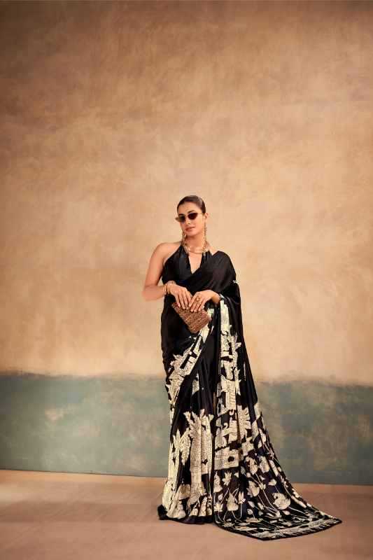 Satin Silk Designer Saree in Black