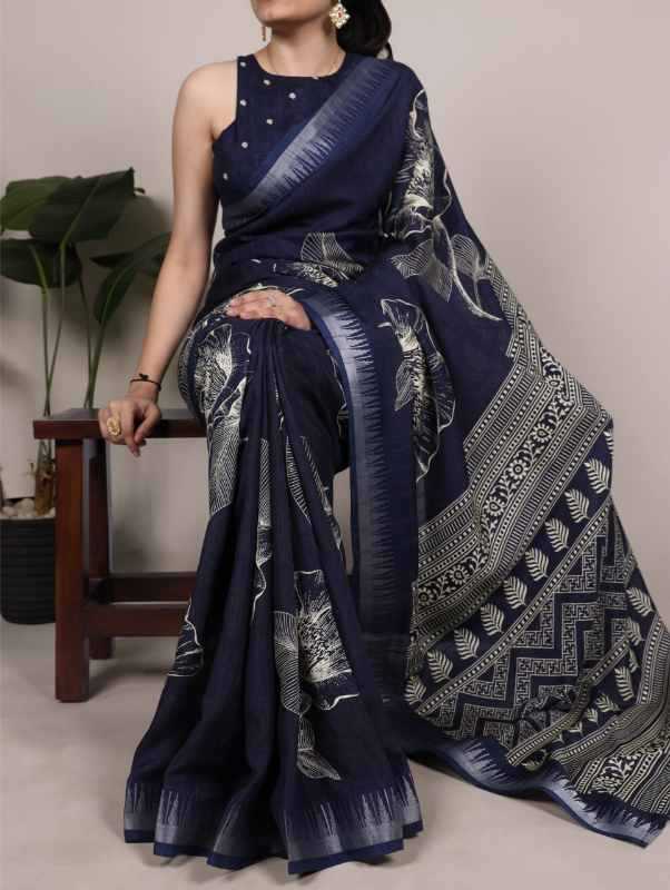 Slub Silk Printed Saree in Black
