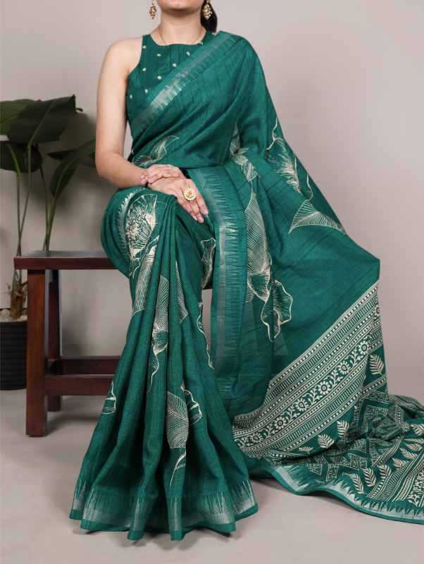 Slub Silk Printed Saree in Black