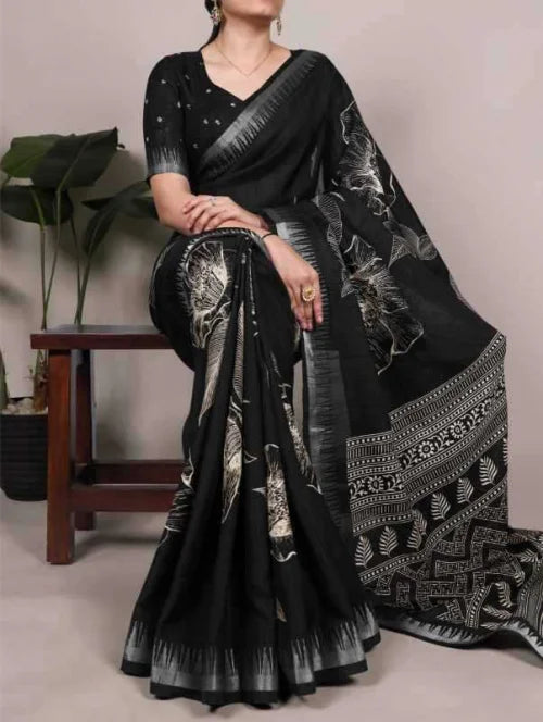 Slub Silk Printed Saree in Black
