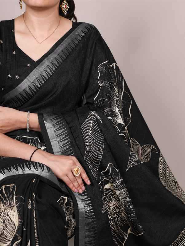 Slub Silk Printed Saree in Black
