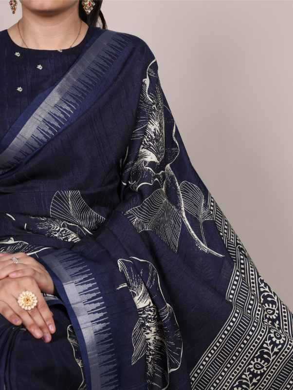 Slub Silk Printed Saree in Black